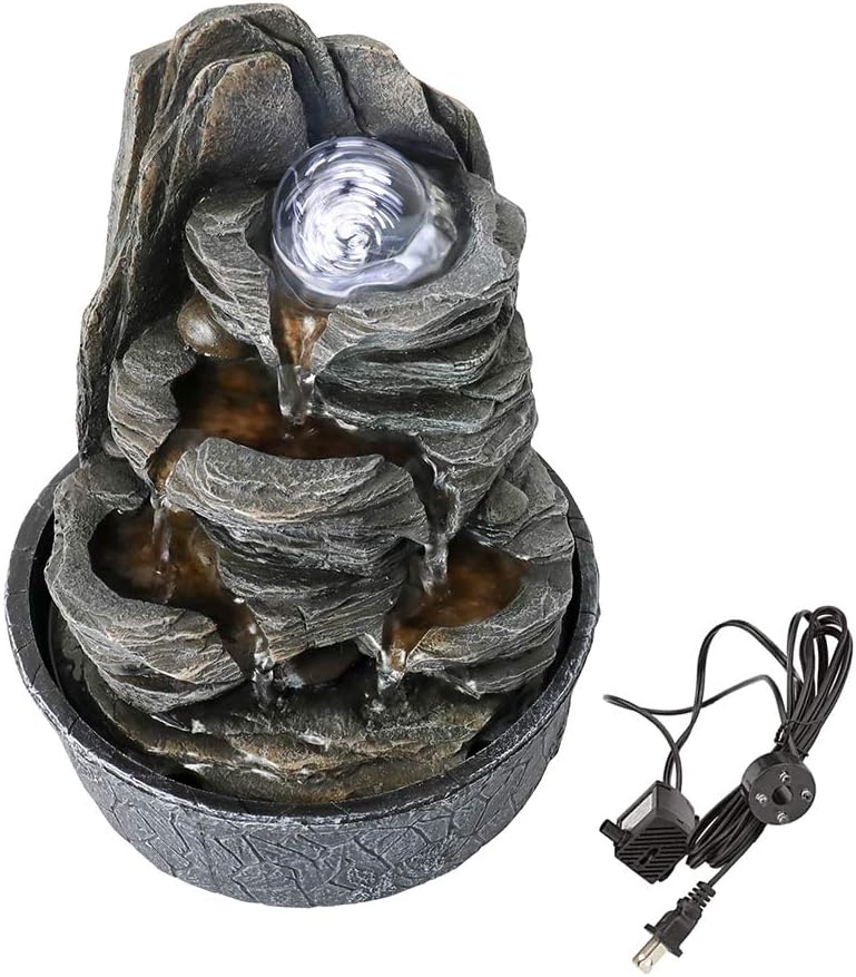 8.3” H Indoor Zen Tabletop Water Fountain, Rock Cascading Waterfall with Spinning Crystal Ball & LED Light for Home Office Decor