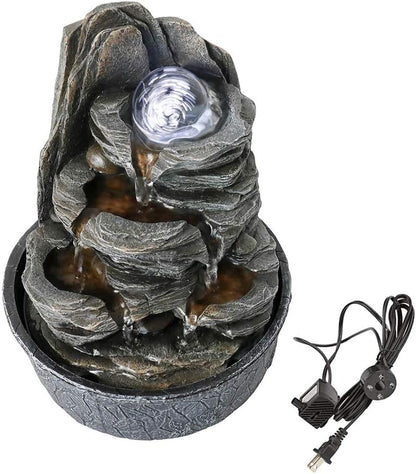 8.3” H Indoor Zen Tabletop Water Fountain, Rock Cascading Waterfall with Spinning Crystal Ball & LED Light for Home Office Decor