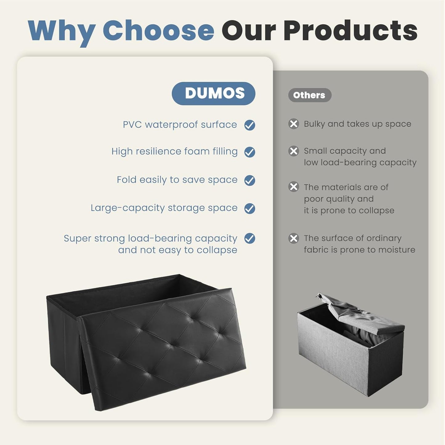 DUMOS 43 Inch Folding Storage Ottoman Bench, Large Hidden Storage Chest with Thicker Foam Padded Seat, End of Bed Foot Rest Stool for Bedroom Living Room Entryway, Load 660 lbs, Grey