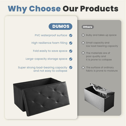 DUMOS 43 Inch Folding Storage Ottoman Bench, Large Hidden Storage Chest with Thicker Foam Padded Seat, End of Bed Foot Rest Stool for Bedroom Living Room Entryway, Load 660 lbs, Grey