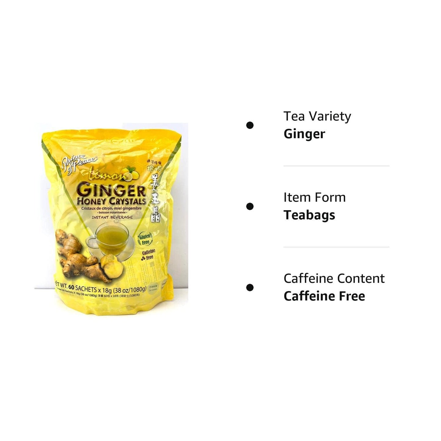 Prince of Peace Instant Ginger Honey Crystals with Lemon, 60 Sachets – Instant Hot or Cold Beverage – Easy to Brew – Drink Like a Tea – Caffeine and Gluten Free – Real Ginger