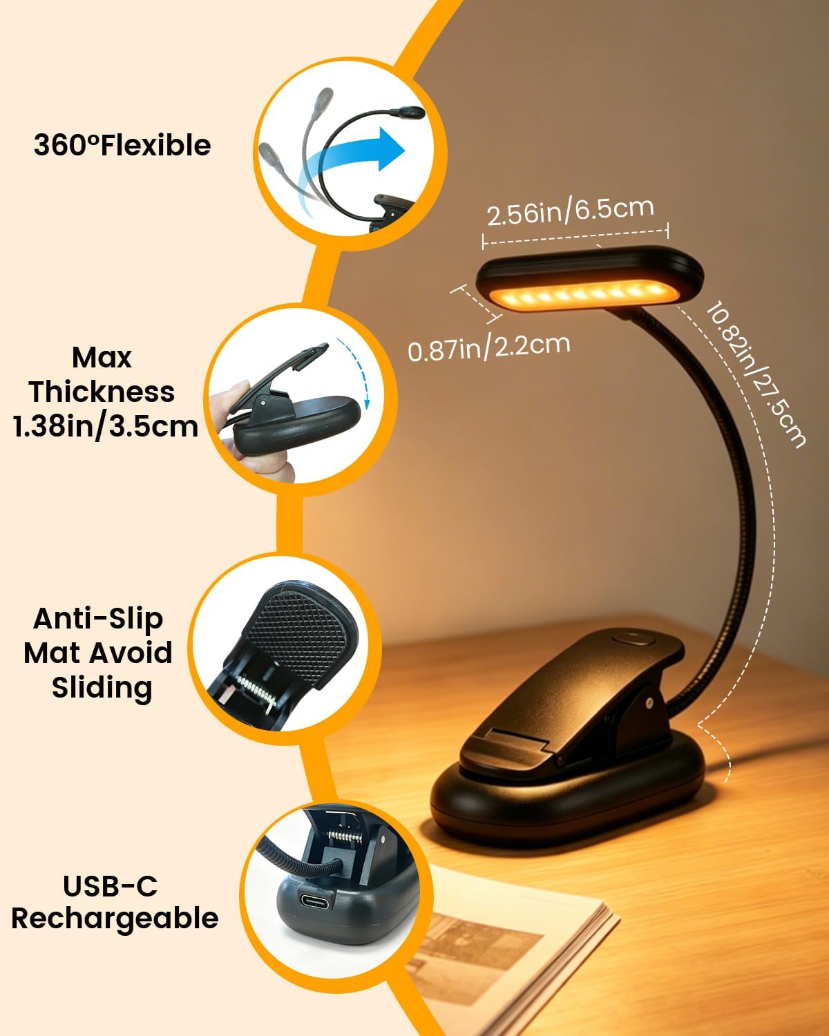 Klarlight 1800K Amber Rechargeable Book Light for Reading at Night, Eye-Caring with No Blue Light, Stepless Dimming & Memory Function, Lightweight Clip On Reading Lamp for Kids and Adults