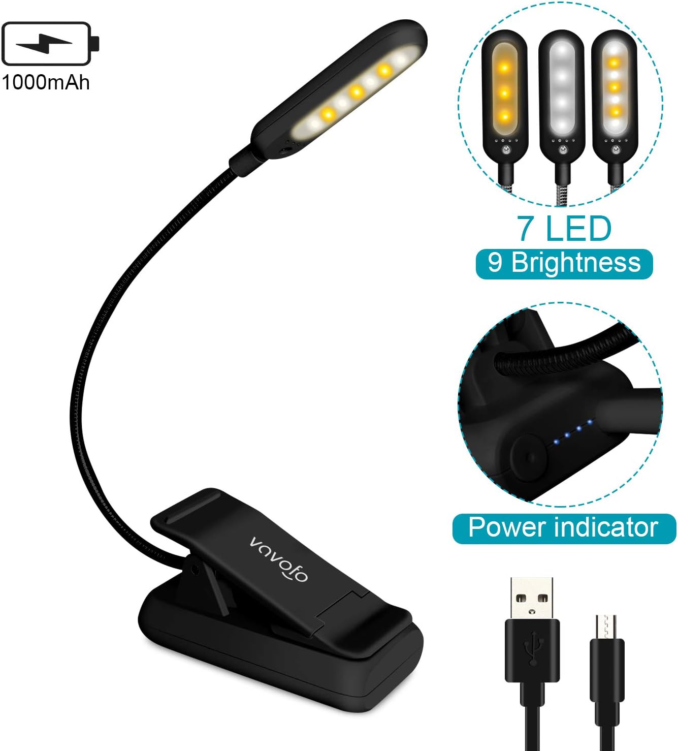 VAVOFO Clip On Book Light for Bed Kids, 7 LED Reading Light with 9-Level Warm Cool White Daylight, Eye Care Lamp with Power Indicator for Bookworms (Blue)