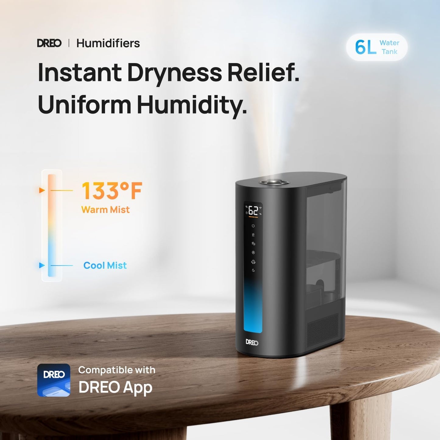 DREO 6L Smart Warm & Cool Mist Humidifiers for Bedroom HM713S | 60-Hour Quiet Runtime for Large Room, 500ML/HR Output, Smart Humidity Sensor, Indicator Light, Works with Alexa & Google