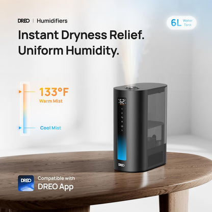DREO 6L Smart Warm & Cool Mist Humidifiers for Bedroom HM713S | 60-Hour Quiet Runtime for Large Room, 500ML/HR Output, Smart Humidity Sensor, Indicator Light, Works with Alexa & Google