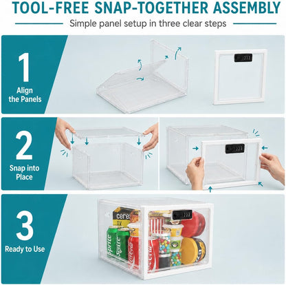 2 Pack Large Medication Lock Box with Code, Clear Lockable Storage Box for Refrigerator, Cabinet & Dorm, Stackable Medicine Box for Prescriptions, Snacks, Phone, 11.9" x 9.3" x 7.6", Black