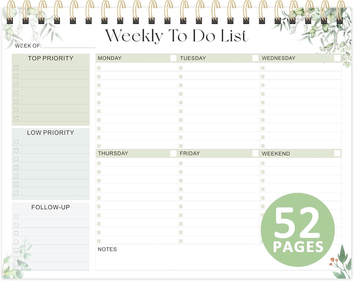 Weekly To Do List Notepad, 52 Undated Sheets (8.5"×11"), Undated Weekly Planner for Women & Men, Desk Accessories and Supplies for Office, Home, and School