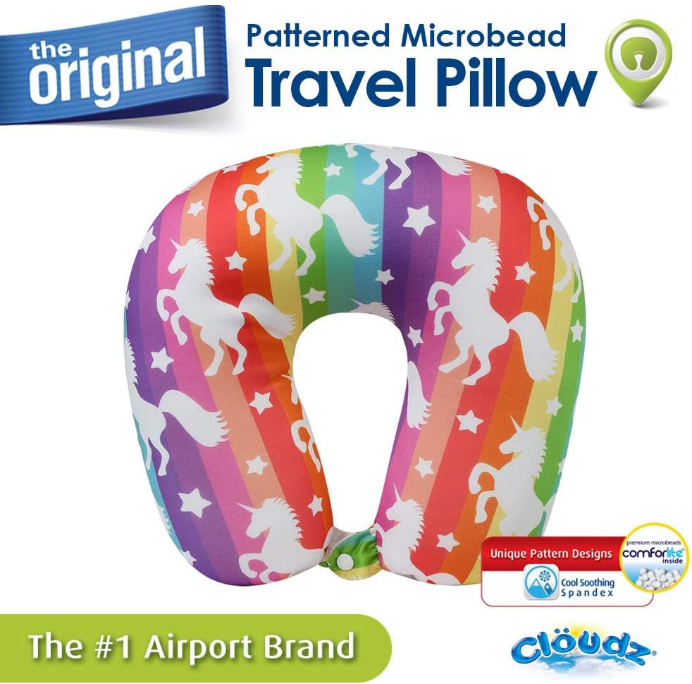 Cloudz Dual Comfort Microbead Airplane Travel Neck Pillow. Super Soft Cozy Plush Fabric on One Side, Cool Relaxing Spandex on The Other! Customize Your Comfort and Support at Home or On The Go!- Blue