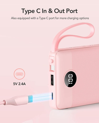 VRURC Portable Charger, Slim Power Bank Built-in 4 Cables, Travel Essential