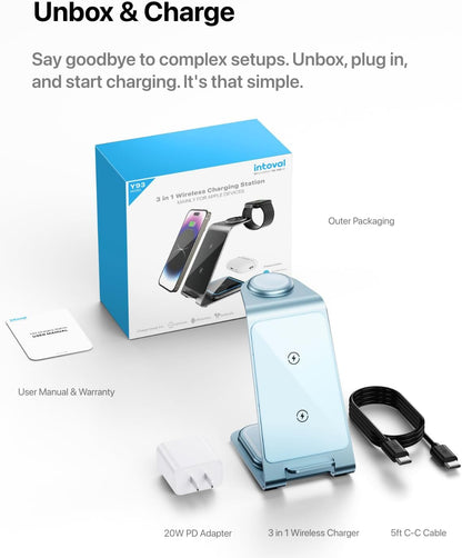 Intoval Aluminum 3 in 1 Wireless Charging Station for iPhone 17 16 15 14 13 12 11 Pro Max XR, Wireless Charger for Apple Watch 11 10 9 8 7 Ultra SE 3 2, Phone Charger for AirPods 4 Pro 2 3 (Grey)