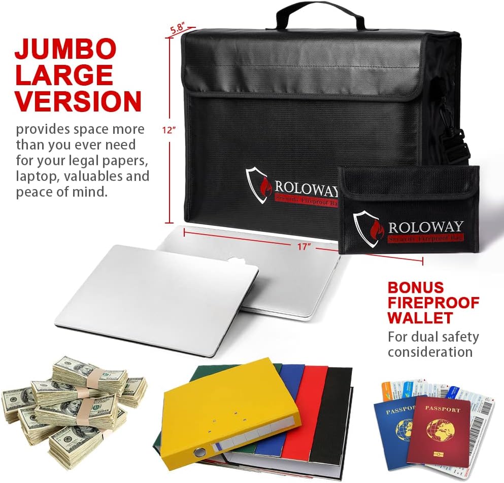 ROLOWAY Large (17 x 12 x 5.8 inches) Fireproof Bag, Water Resistant Fireproof Document Bag Safe for Money, Documents and Valuables Storage