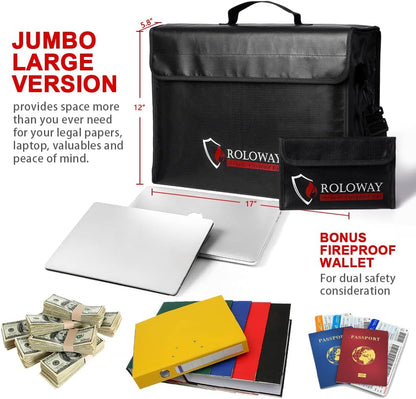 ROLOWAY Large (17 x 12 x 5.8 inches) Fireproof Bag, Water Resistant Fireproof Document Bag Safe for Money, Documents and Valuables Storage
