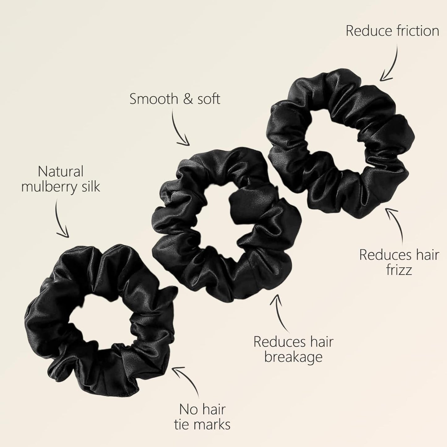 ZIMASILK 100% Mulberry Silk Hair Scrunchies, Best For Women And Girls’ Hair 19 Momme Elastic Hair Bands for Ponytail Holder Gentle And No hurt (3 Pack, Black)