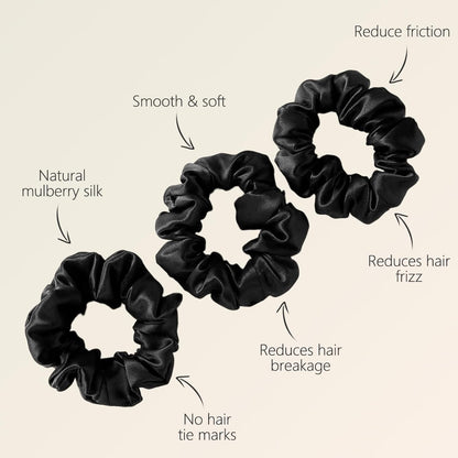 ZIMASILK 100% Mulberry Silk Hair Scrunchies, Best For Women And Girls’ Hair 19 Momme Elastic Hair Bands for Ponytail Holder Gentle And No hurt (3 Pack, Black)