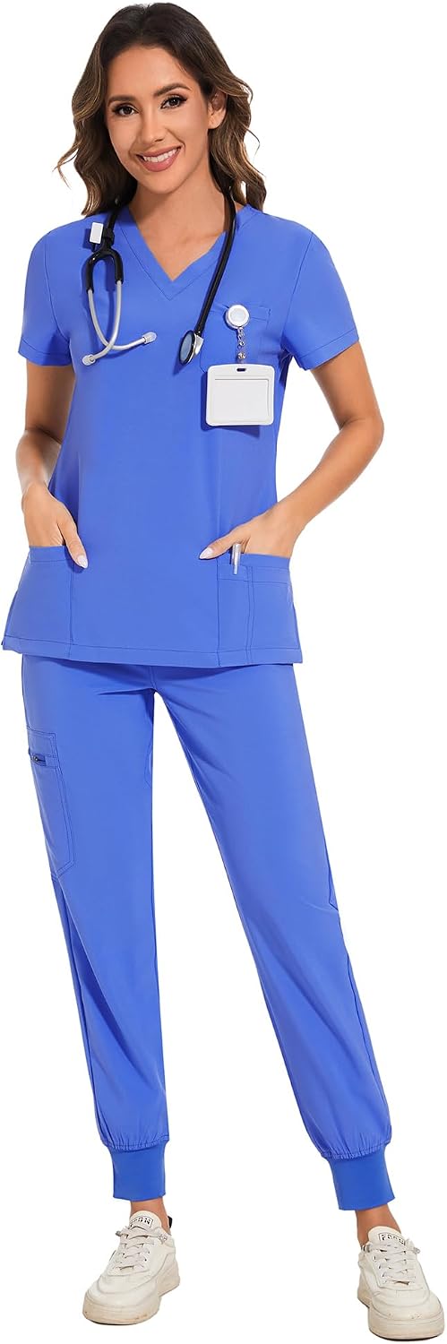 COZYFIT Scrubs for Women Set - Stretch V-Neck Scrub Top & Jogger Pant with 8 Pockets COZY SCRUBS - Colors A