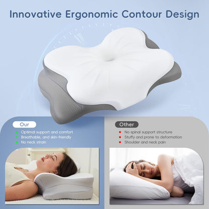 Cervical Neck Pillow, Ergonomic Memory Foam Pillow for Neck Pain Relief with Dual-Height Design, Breathable Cover, Neck Support for Side Back & Stomach Sleepers, Odorless White 1 pcs