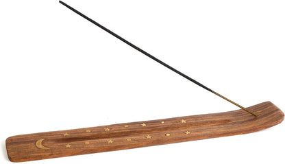 Wooden Incense Holder for Sticks with Inlays of Brass Crescent Moon 10 inches Long
