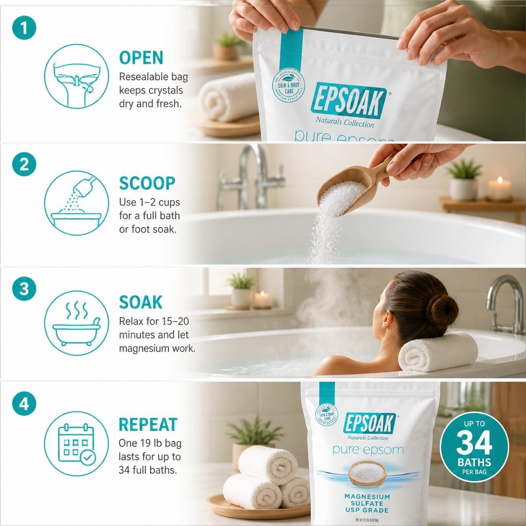 Epsoak Epsom Salt 38 lb. Magnesium Sulfate USP. (Qty. 2 x 19 lb. Bags) Resealable Epsom Salt Bag Unscented, Made in The USA, Cruelty-Free Certified