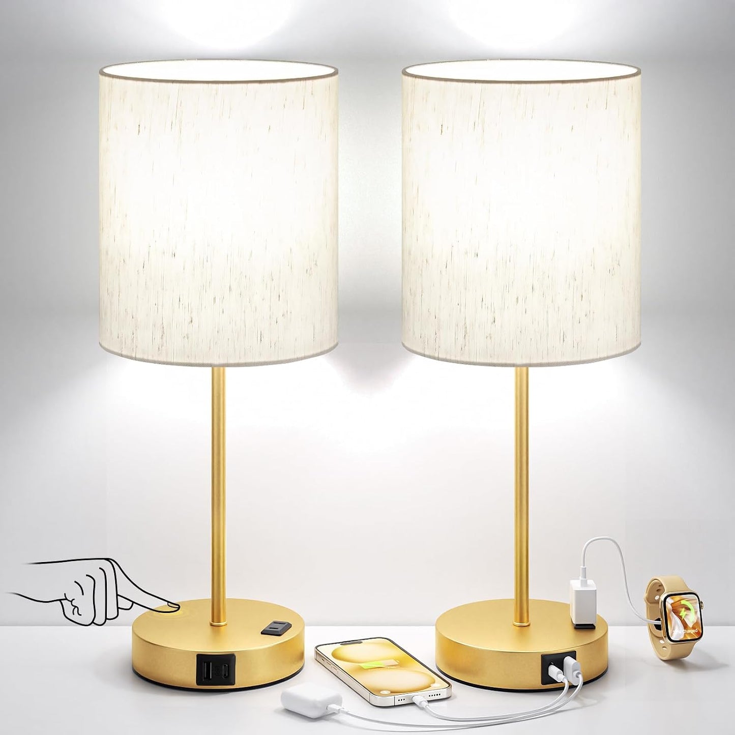 Blue Touch Lamps for Nightstand Set of 2 - Bedside Table Lamp for Bedroom with Dual USB Ports & AC Outlet, 3-Way Dimmable Lamps for Living Room Boys Room, Night Light with 5000K Daylight Bulbs