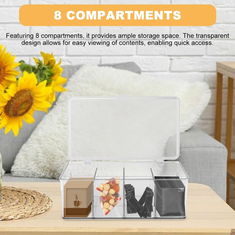 Clear Tea Bag Organizer with Lid, Stackable Storage Bin with Dividers