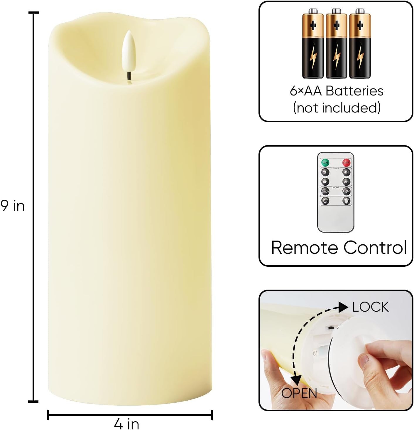 Homemory 6"x3" Outdoor Waterproof Flameless Candles, LED Candles, Battery Operated Candles with Remote and Timers, Electric Fake Plastic Pillar Candles, Ivory White, Set of 2