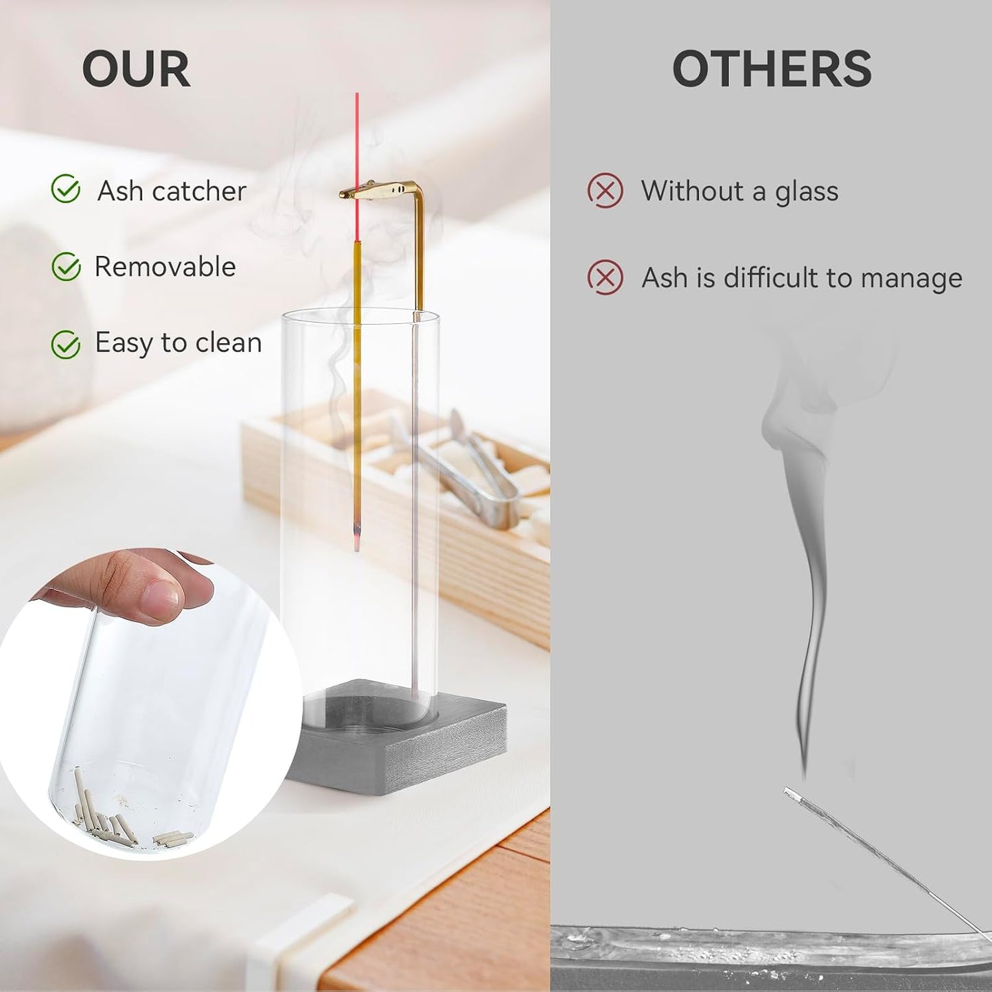 1 Pack Incense Holder for Sticks, Insence-Stick Holder Ash Catcher with Removable Glass [Anti-Ash Flying], Mess-Free Incense Burner Holder, Perfect for Meditation Yoga Relaxation, Home Decor