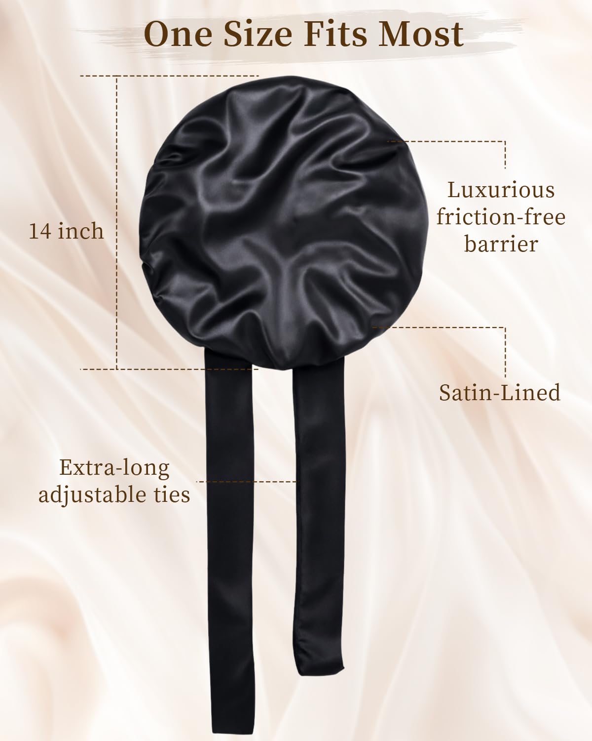 Silk Bonnet Satin Bonnet for Sleeping Large Bonnets with Tie Band Hair Wrap with Adjustable Straps Hair Cap for Women Curly Black