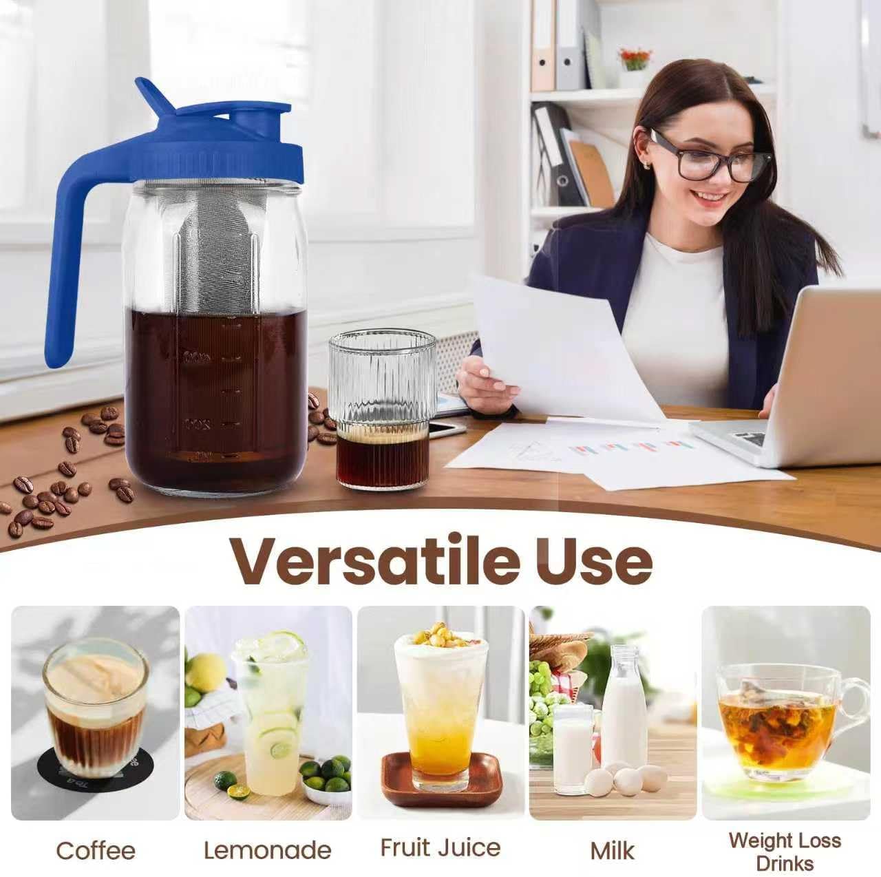 Cold Brew Coffee Maker,64 oz Mason Jar Pitcher with Stainless Steel Filter, Pour Spout Handle Lid, Heavy Duty Glass Airtight & Leak-Proof for Iced Coffee,Tea & Lemonade