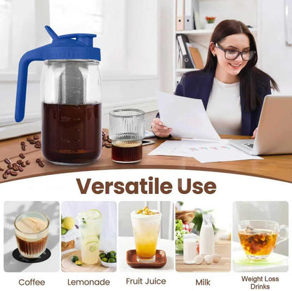 Cold Brew Coffee Maker,64 oz Mason Jar Pitcher with Stainless Steel Filter, Pour Spout Handle Lid, Heavy Duty Glass Airtight & Leak-Proof for Iced Coffee,Tea & Lemonade