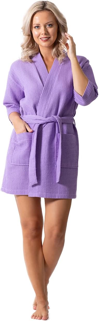 Turkish Linen Lightweight Waffle Knit Bath, Spa & Bridesmaids Kimono Short Robes for Women - Quick Dry & Soft