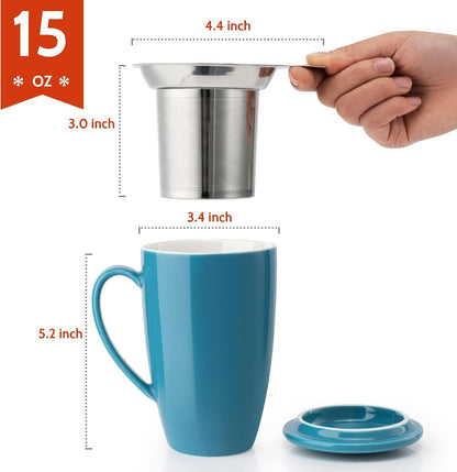 Sweese 15oz Porcelain Tea Mug with Infuser and Lid – Microwave Safe, Ergonomic Handle, Lead-Free Glaze, for Loose Leaf Tea
