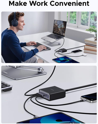 UGREEN 100W USB C Charging Station, 6-Port GaN Desktop Charger with 4 USB-C & 2 USB-A, Smart Power Distribution for MacBook Pro/Air, Dell XPS, iPad, iPhone 17/16/15, Galaxy S25/S24, Pixel 10/9