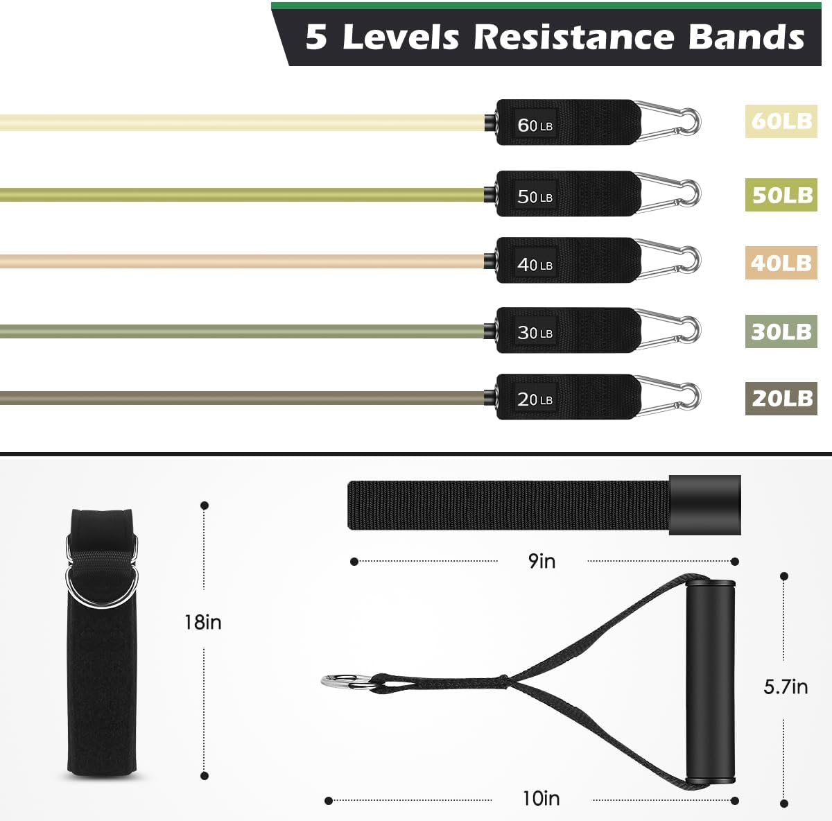 WHATAFIT Resistance Bands, Exercise Bands, Workout Bands with Handles, Door Anchor and Ankle Straps, 5 Resistance Levels Fitness Bands for Strength Training, Physical Therapy, and Home Gym Equipment