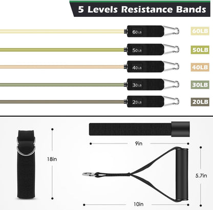 WHATAFIT Resistance Bands, Exercise Bands, Workout Bands with Handles, Door Anchor and Ankle Straps, 5 Resistance Levels Fitness Bands for Strength Training, Physical Therapy, and Home Gym Equipment