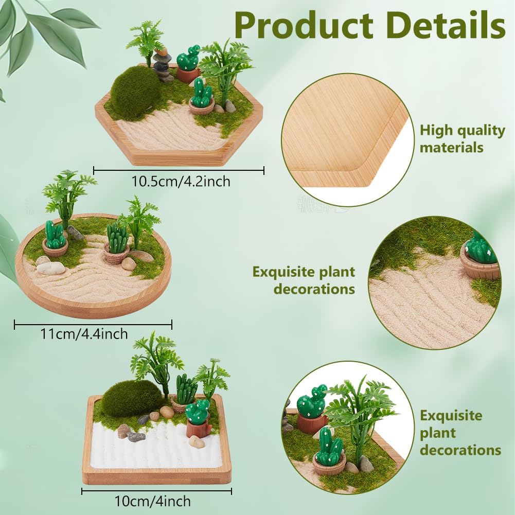 WEBEEDY 3 Sets Desert Zen Garden Kit Japanese Mini Zen Garden Sand Tray Kit for Desktop with Bamboo Tray Stones Rakes Accessories Cactus Desert Decor for Home Office Desktop Unique Gift,4/4.2/4.4 Inch