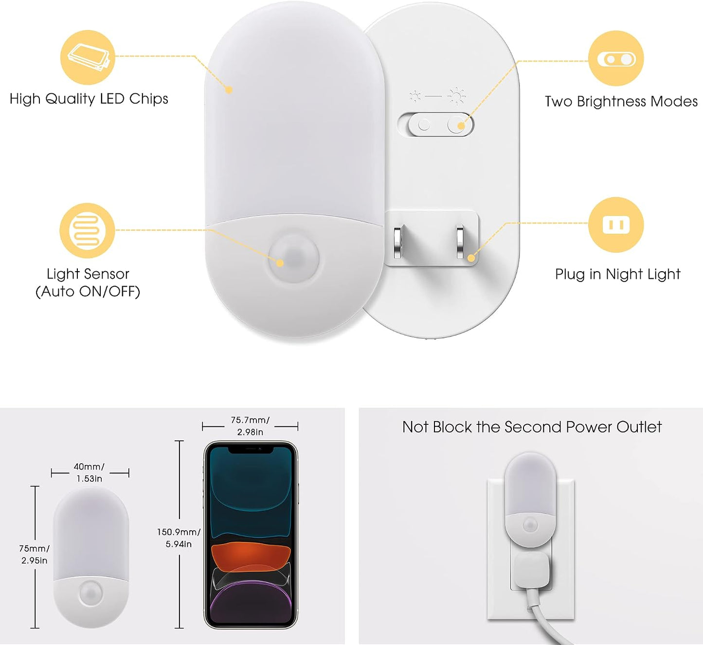 L LOHAS LED Amber Night Light, Night Lights Plug into Wall[2 Pack], 0.6W 2000K LED Night Light, Dusk to Dawn Sensor, 30/60LM Adjustable Brightness, Automatic Low Blue Nightlight for Kids, Bathroom