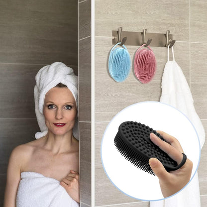 PQRUU 3 Pack Silicone Body Scrubber, Exfoliating Soft Loofah Bath Body Scrubbers for Use in Shower, Exfoliating Body Scrubber Fit for All Kinds of Skin, Rapid Foaming Black+Blue+Pink