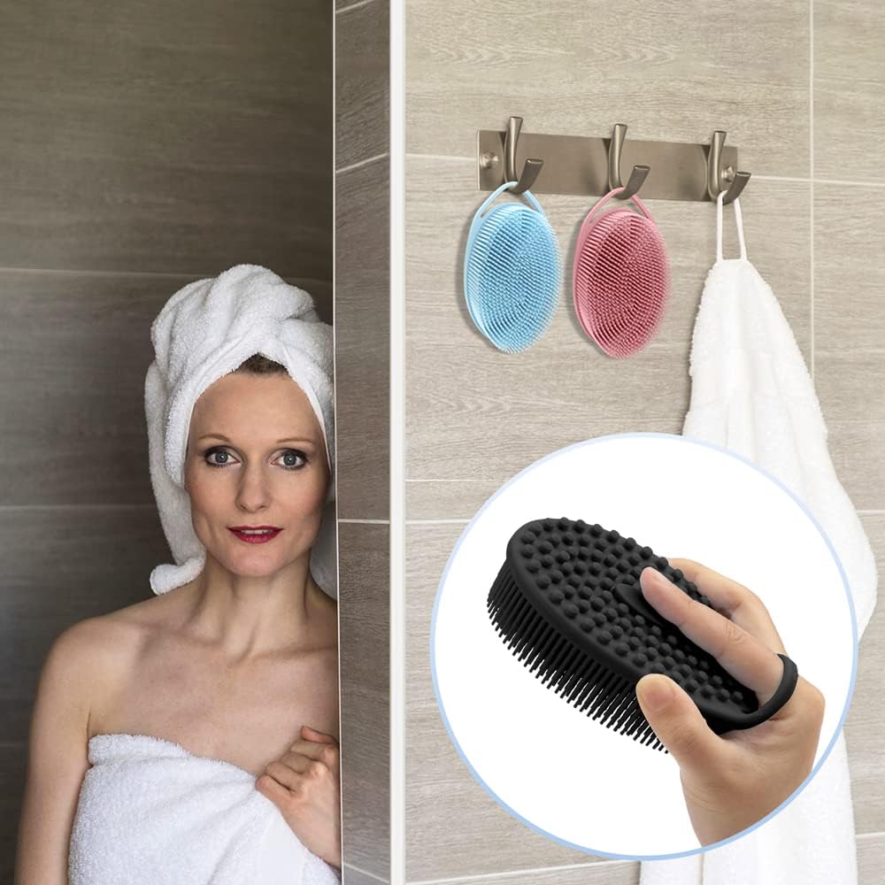 PQRUU 6 Pack Silicone Body Scrubber, Exfoliating Soft Loofah Bath Body Scrubbers for Use in Shower, Exfoliating Body Scrubber Fit for All Kinds of Skin, Rapid Foaming,Black,Blue,Pink,Green,Purple,Gray