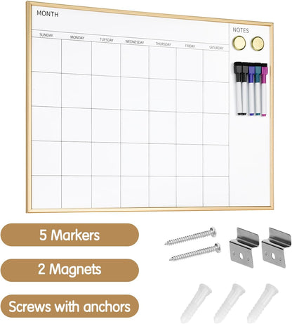 Magnetic Monthly Calendar Whiteboard, 17'' x 13'' Dry Erase Calendar for Wall Office School Home, Gold Wooden Frame