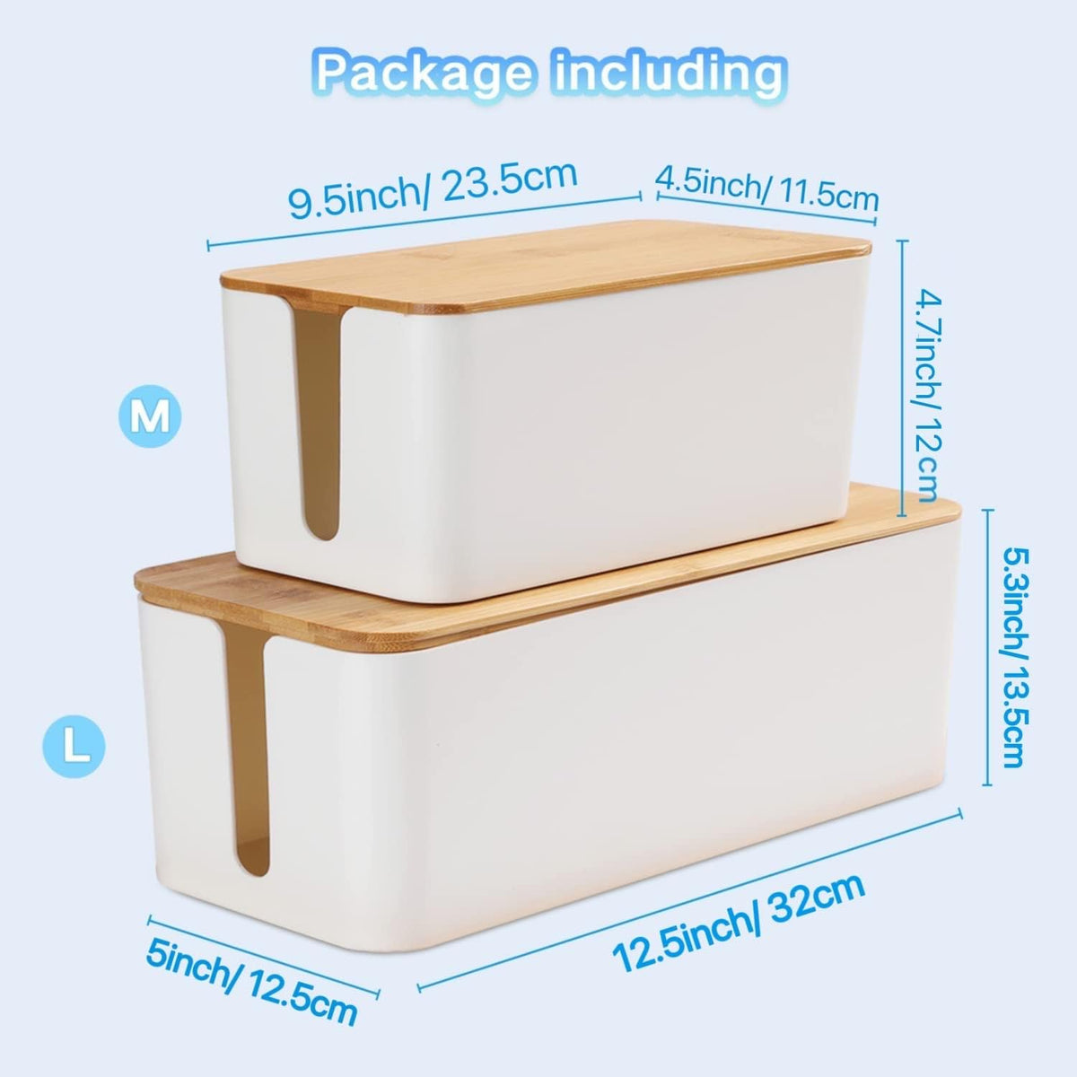 Cable Management Box Organizer, Set of 2 Bamboo Lid Large Storage Wire Holder to Conceal Hide Surge Protector, Power Strips Cord on Desk Floor, with 5 Cables Tape for Home Office Computer TV USB Hub