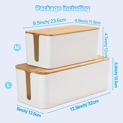 Cable Management Box Organizer, Set of 2 Bamboo Lid Large Storage Wire Holder to Conceal Hide Surge Protector, Power Strips Cord on Desk Floor, with 5 Cables Tape for Home Office Computer TV USB Hub