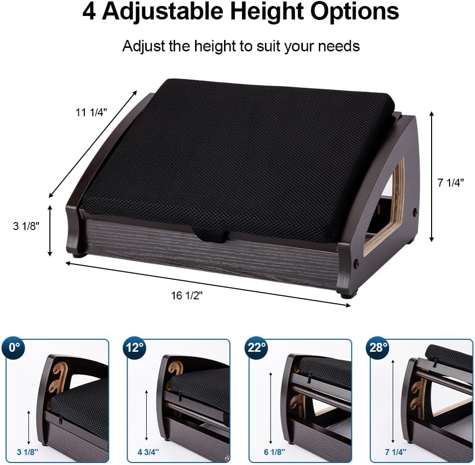 StrongTek Wooden Under Desk Footrest, 4 Heights, 400 lb, Office Foot Rest