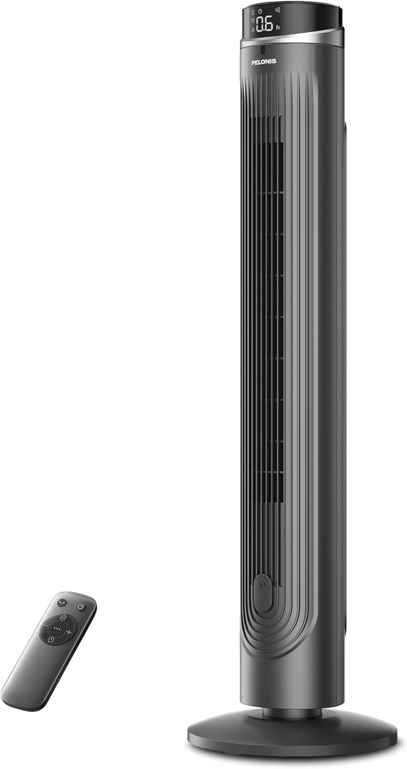 PELONIS 40 inch Bladeless Tower Fan for Bedroom, Standing Fan with Remote Control, 26ft/s, 90° Oscillation, 3 Speed Settings, 27dB, 3 Modes, 15-Hour Timer, LED Display, Fan that Blows Cold Air, White