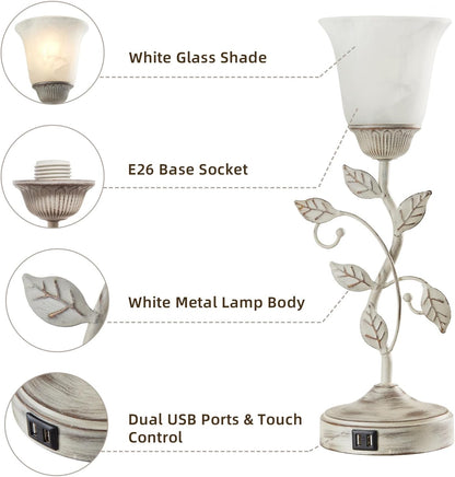 Touch Control Table Lamp with 2 USB Charging Ports, 3-Way Dimmable Bedside Nightstand Lamps, Amber Glass Shade Vintage Rural Leaf Lamp for Living Room, Bedroom, Dresser, LED Bulb Included (Bronze)