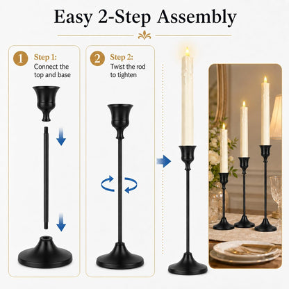 Candle Holder Set of 3, with 3 Flameless Candles & 1 Remote(Gold) | Taper Candle Holders, Metal Non Slip Stable Base, for Home Decor, Holiday Party, Pet & Kid Friendly