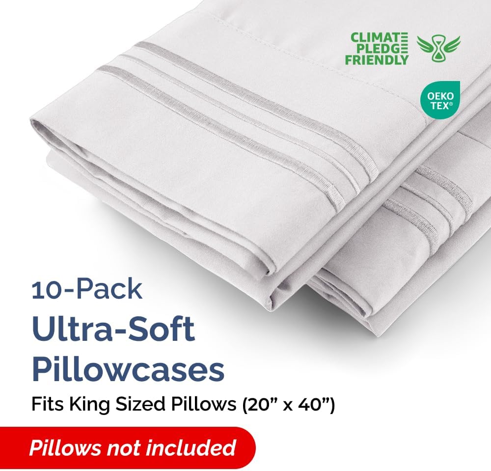 Standard Pillow Cases Set of 10 - Ultra Soft Hotel Quality Pillowcase Covers - Comfy, Cozy & Wrinkle Free - Shrink, Stain and Fade Resistant - Machine Washable Pillow Protectors - 10 Pcs Set - White - Colors B