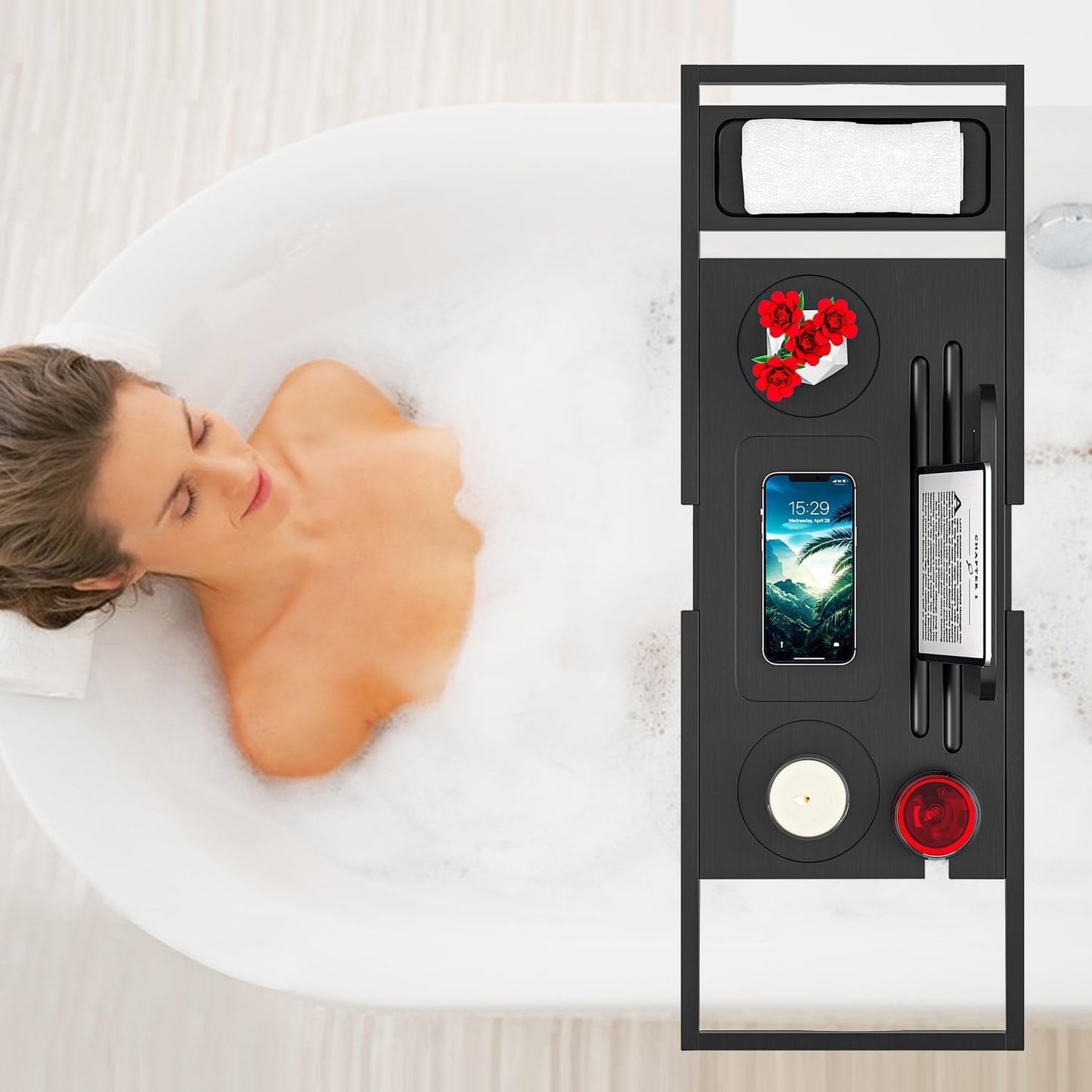 Premium Bamboo Bathtub Tray Caddy - Bath Tub Tray Table for Bathtub - Bath Caddy Tray for Bathtub, Expandable Size, Fits Most Bath Tubs