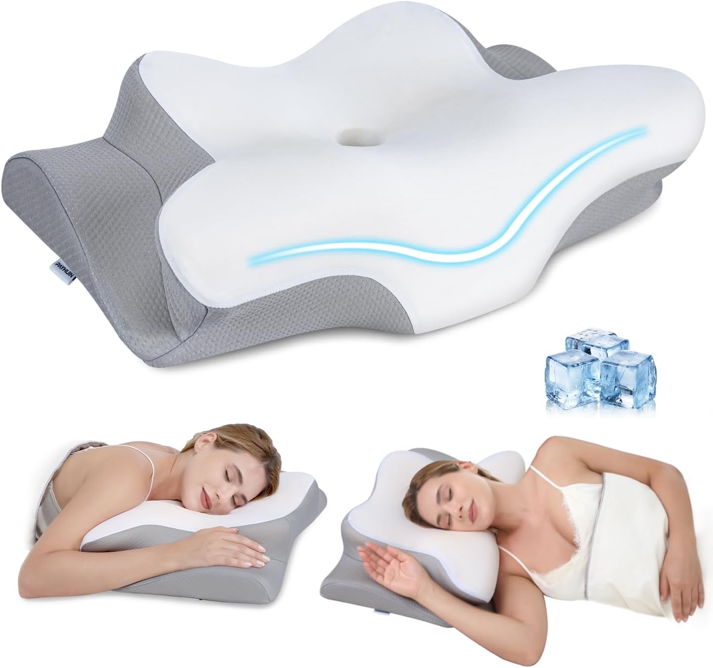 Cervical Neck Pillow, Memory Foam Pillows for Neck & Shoulder Pain Relief, 2 Heights Ergonomic Pillow with Breathable Ice Silk Cover, Neck Support Pillow for Stomach Sleepers Grey