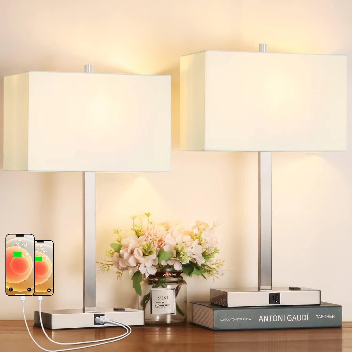 21" Touch Bedside lamps with 2 USB & AC Outlets, 3-Way Dimmable Bedside Table Lamps Set of 2 for Bedroom Living Room Office Reading, Gray Shade Lamps for Night Stands, 5000K LED Bulbs Included