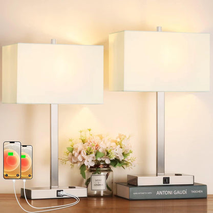 21" Touch Bedside lamps with 2 USB & AC Outlets, 3-Way Dimmable Bedside Table Lamps Set of 2 for Bedroom Living Room Office Reading, Gray Shade Lamps for Night Stands, 5000K LED Bulbs Included